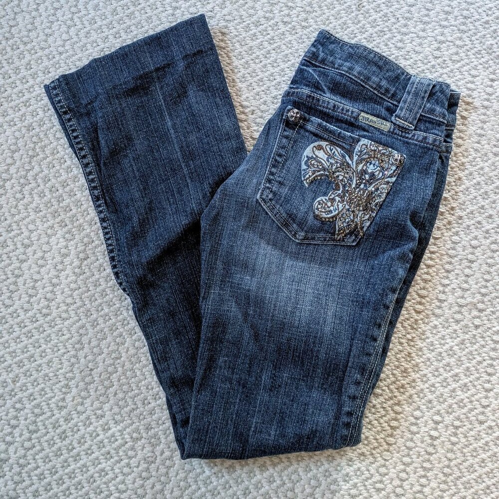 Miss Me Jeans 25 Embroidered Back Pocket Logo Beaded Flare Fleur-de-lis